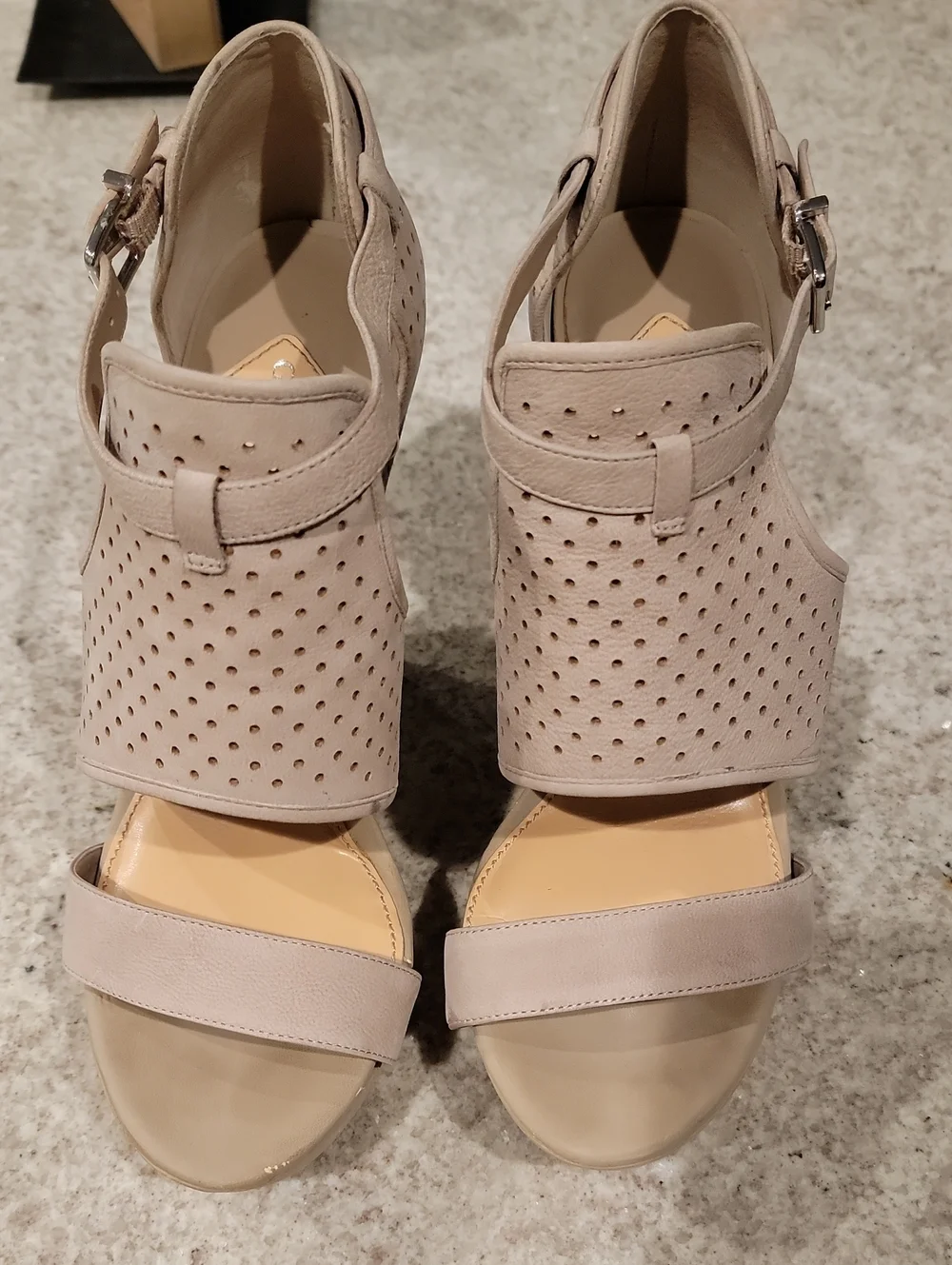 Gianni Bini Nude-Beige Perforated Wedge Sandals with Ankle Strap